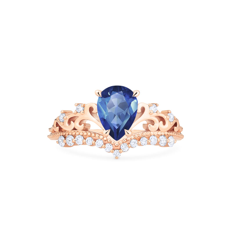 [Francesca] Heirloom Crown Pear Cut Ring in Lab Blue Sapphire Women's Ring michelliafinejewelry   
