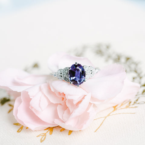 [Olivia] Classic Floral Oval Engagement Ring in Lab Alexandrite Women's Ring michelliafinejewelry