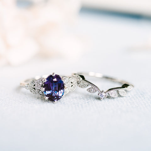 [Olivia] Classic Floral Oval Engagement Ring in Lab Alexandrite Women's Ring michelliafinejewelry