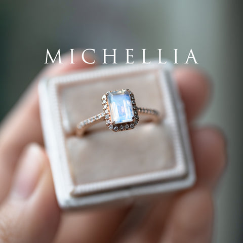 [Kimberly] Emerald Cut Halo Diamond Ring in Moonstone Women's Ring michelliafinejewelry   