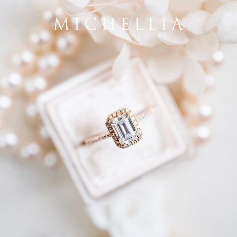 [Kimberly] Emerald Cut Halo Diamond Ring in Moonstone Women's Ring michelliafinejewelry   