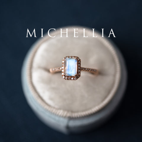[Kimberly] Emerald Cut Halo Diamond Ring in Moonstone Women's Ring michelliafinejewelry   
