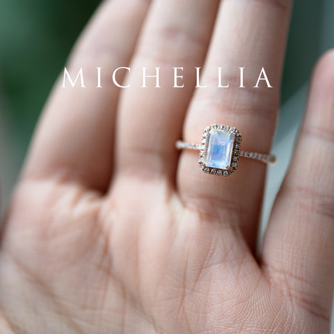 [Kimberly] Emerald Cut Halo Diamond Ring in Moonstone Women's Ring michelliafinejewelry   