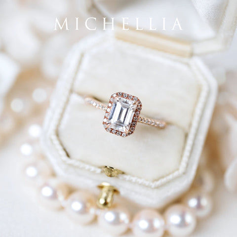 [Kimberly] Emerald Cut Halo Diamond Ring in Moonstone Women's Ring michelliafinejewelry   