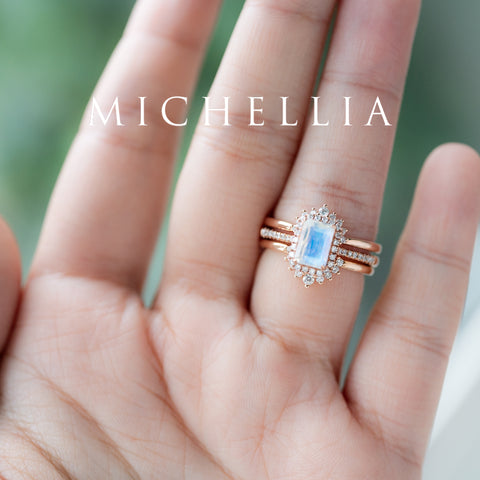 [Kimberly] Emerald Cut Halo Diamond Ring in Moonstone Women's Ring michelliafinejewelry   