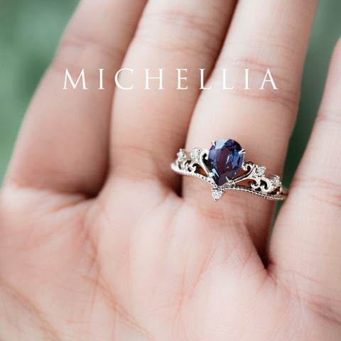 [Veronica] Vintage Crown Pear Cut Ring in Lab Alexandrite Women's Ring michelliafinejewelry   