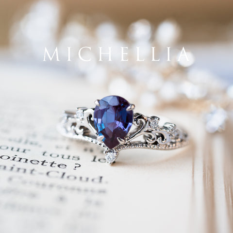 [Veronica] Vintage Crown Pear Cut Ring in Lab Alexandrite Women's Ring michelliafinejewelry   
