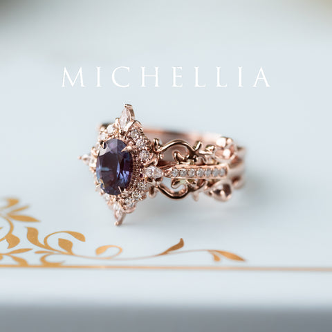 [Alessandra] Art Deco Oval Engagement Ring in Lab Alexandrite Women's Ring michelliafinejewelry   