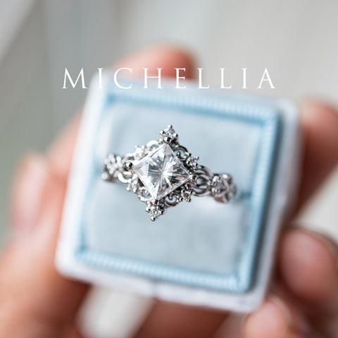 [Elsa] Vintage Square Princess Cut Engagement Ring in Lab Blue Sapphire Women's Ring michelliafinejewelry