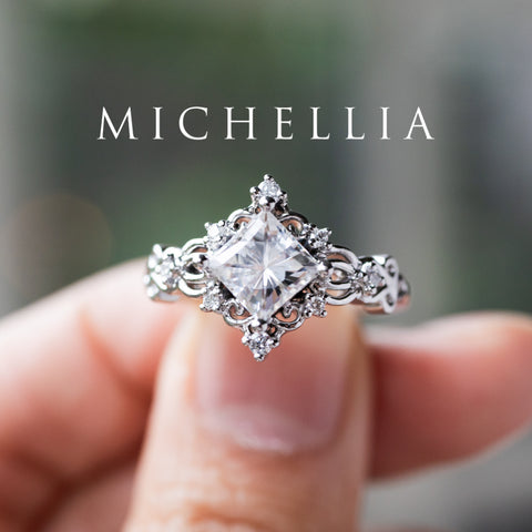 [Elsa] Vintage Square Princess Cut Engagement Ring in Aquamarine Women's Ring michelliafinejewelry