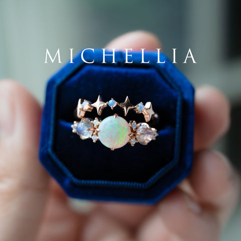 [Celestine] Interstellar Three Stone Ring in Australian Opal, Moonstone, and Labradorite Women's Ring michelliafinejewelry