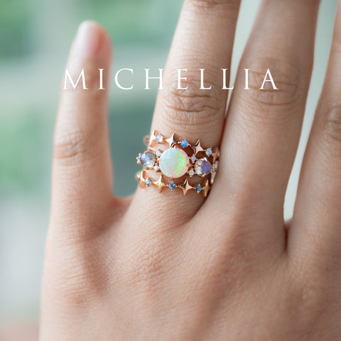 [Celestine] Interstellar Three Stone Ring in Australian Opal, Moonstone, and Labradorite Women's Ring michelliafinejewelry