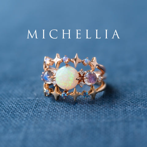 [Celestine] Interstellar Three Stone Ring in Australian Opal, Moonstone, and Labradorite Women's Ring michelliafinejewelry