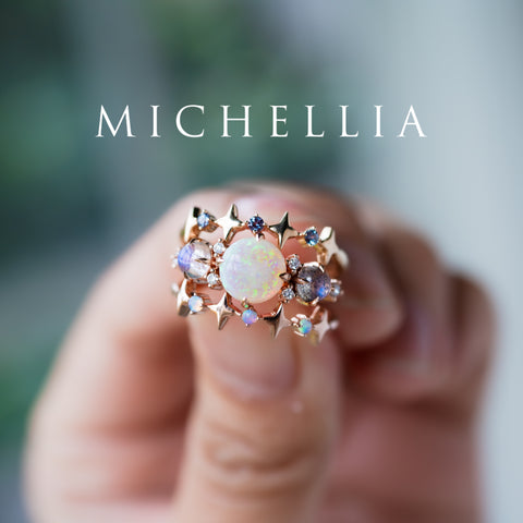 [Celestine] Interstellar Three Stone Ring in Australian Opal, Moonstone, and Labradorite Women's Ring michelliafinejewelry