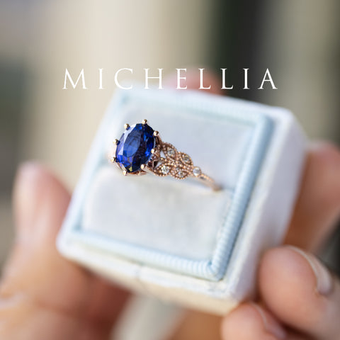 [Olivia] Classic Floral Oval Engagement Ring in Lab Blue Sapphire Women's Ring michelliafinejewelry