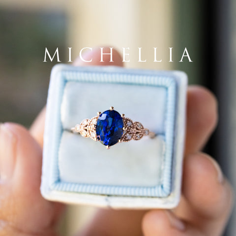 [Olivia] Classic Floral Oval Engagement Ring in Lab Blue Sapphire Women's Ring michelliafinejewelry