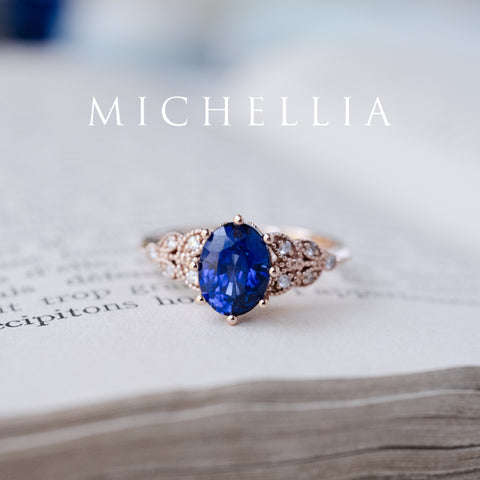 [Olivia] Classic Floral Oval Engagement Ring in Lab Blue Sapphire Women's Ring michelliafinejewelry