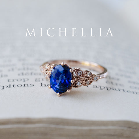 [Olivia] Classic Floral Oval Engagement Ring in Lab Blue Sapphire Women's Ring michelliafinejewelry