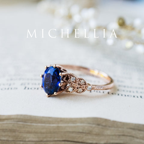 [Olivia] Classic Floral Oval Engagement Ring in Lab Blue Sapphire Women's Ring michelliafinejewelry