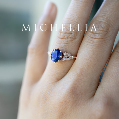[Olivia] Classic Floral Oval Engagement Ring in Lab Blue Sapphire Women's Ring michelliafinejewelry