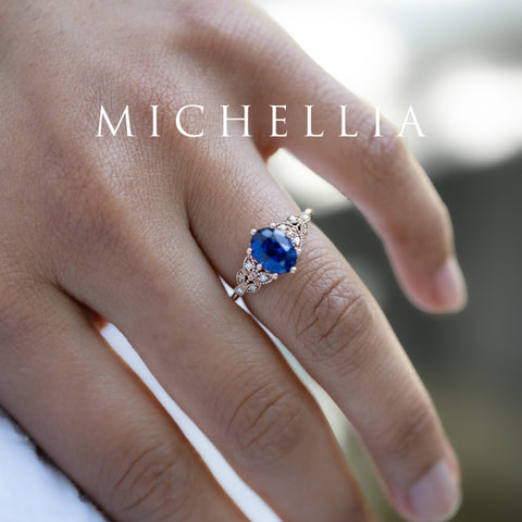 [Olivia] Classic Floral Oval Engagement Ring in Lab Blue Sapphire Women's Ring michelliafinejewelry