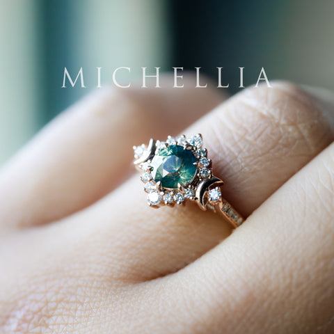 [Selene] Natural Teal Sapphire Moon Goddess Engagement Ring w/ Pave Shank, 18K Rose Gold, One of A Kind & Ready-to-Ship Women's Ring michelliafinejewelry