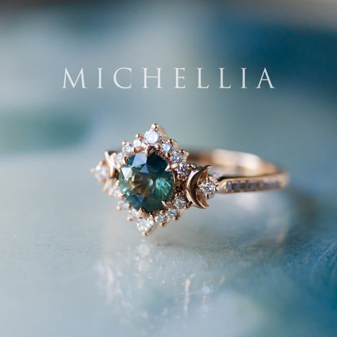 [Selene] Natural Teal Sapphire Moon Goddess Engagement Ring w/ Pave Shank, 18K Rose Gold, One of A Kind & Ready-to-Ship Women's Ring michelliafinejewelry