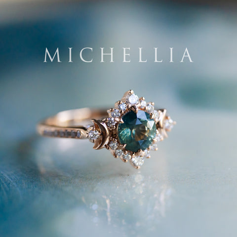 [Selene] Natural Teal Sapphire Moon Goddess Engagement Ring w/ Pave Shank, 18K Rose Gold, One of A Kind & Ready-to-Ship Women's Ring michelliafinejewelry