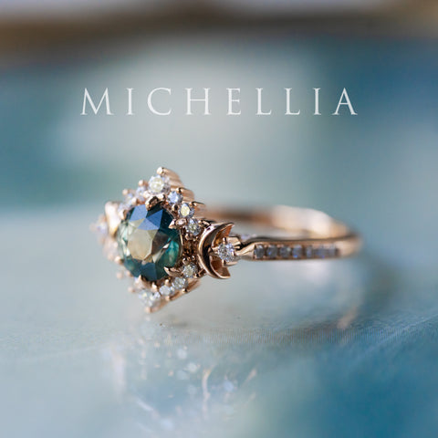 [Selene] Natural Teal Sapphire Moon Goddess Engagement Ring w/ Pave Shank, 18K Rose Gold, One of A Kind & Ready-to-Ship Women's Ring michelliafinejewelry