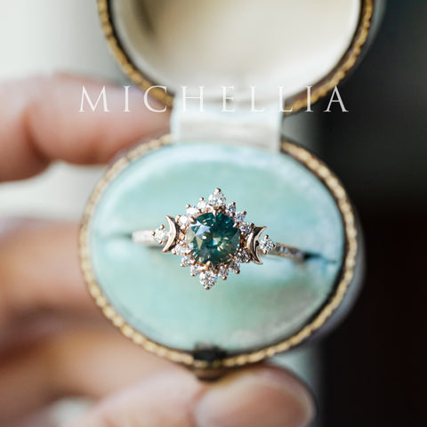 [Selene] Natural Teal Sapphire Moon Goddess Engagement Ring w/ Pave Shank, 18K Rose Gold, One of A Kind & Ready-to-Ship Women's Ring michelliafinejewelry