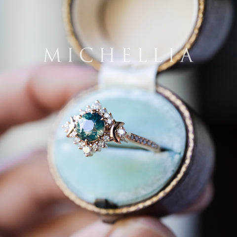 [Selene] Natural Teal Sapphire Moon Goddess Engagement Ring w/ Pave Shank, 18K Rose Gold, One of A Kind & Ready-to-Ship Women's Ring michelliafinejewelry