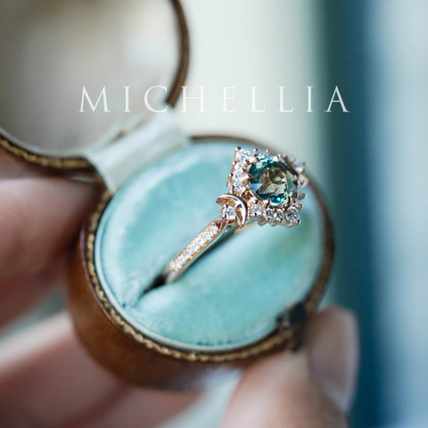[Selene] Natural Teal Sapphire Moon Goddess Engagement Ring w/ Pave Shank, 18K Rose Gold, One of A Kind & Ready-to-Ship Women's Ring michelliafinejewelry