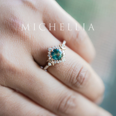 [Selene] Natural Teal Sapphire Moon Goddess Engagement Ring w/ Pave Shank, 18K Rose Gold, One of A Kind & Ready-to-Ship Women's Ring michelliafinejewelry