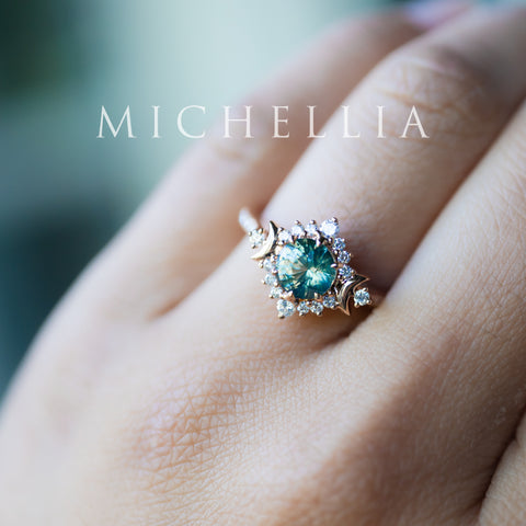 [Selene] Natural Teal Sapphire Moon Goddess Engagement Ring w/ Pave Shank, 18K Rose Gold, One of A Kind & Ready-to-Ship Women's Ring michelliafinejewelry