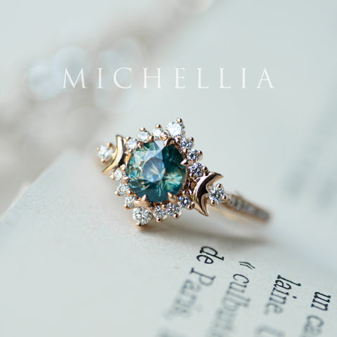 [Selene] Natural Teal Sapphire Moon Goddess Engagement Ring w/ Pave Shank, 18K Rose Gold, One of A Kind & Ready-to-Ship Women's Ring michelliafinejewelry
