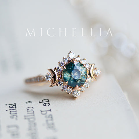 [Selene] Natural Teal Sapphire Moon Goddess Engagement Ring w/ Pave Shank, 18K Rose Gold, One of A Kind & Ready-to-Ship Women's Ring michelliafinejewelry