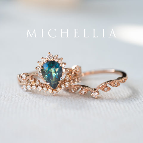 [Nerissa] Mermaid Song Natural Teal Sapphire 2-piece Engagement Ring Set, 14K Rose Gold - One of A Kind & Ready-to-Ship Women's Ring michelliafinejewelry   