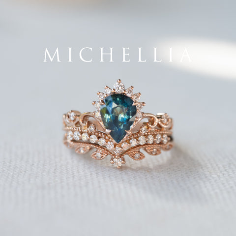 [Nerissa] Mermaid Song Natural Teal Sapphire 2-piece Engagement Ring Set, 14K Rose Gold - One of A Kind & Ready-to-Ship Women's Ring michelliafinejewelry   
