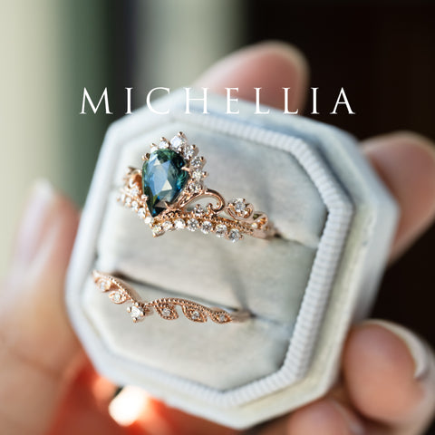 [Nerissa] Mermaid Song Natural Teal Sapphire 2-piece Engagement Ring Set, 14K Rose Gold - One of A Kind & Ready-to-Ship Women's Ring michelliafinejewelry   