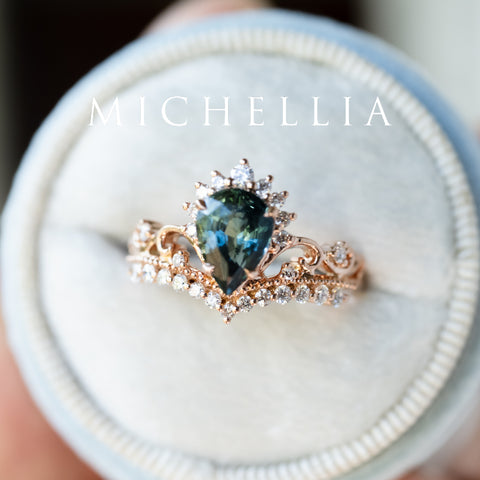 [Nerissa] Mermaid Song Natural Teal Sapphire 2-piece Engagement Ring Set, 14K Rose Gold - One of A Kind & Ready-to-Ship Women's Ring michelliafinejewelry   