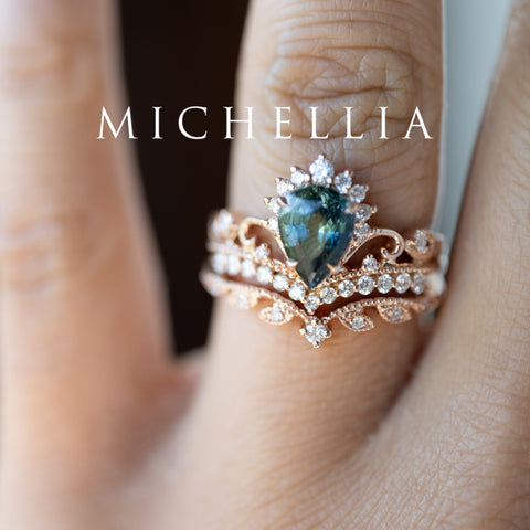 [Nerissa] Mermaid Song Natural Teal Sapphire 2-piece Engagement Ring Set, 14K Rose Gold - One of A Kind & Ready-to-Ship Women's Ring michelliafinejewelry   