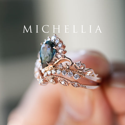 [Nerissa] Mermaid Song Natural Teal Sapphire 2-piece Engagement Ring Set, 14K Rose Gold - One of A Kind & Ready-to-Ship Women's Ring michelliafinejewelry   
