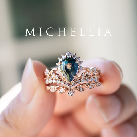 [Nerissa] Mermaid Song Natural Teal Sapphire 2-piece Engagement Ring Set, 14K Rose Gold - One of A Kind & Ready-to-Ship Women's Ring michelliafinejewelry   