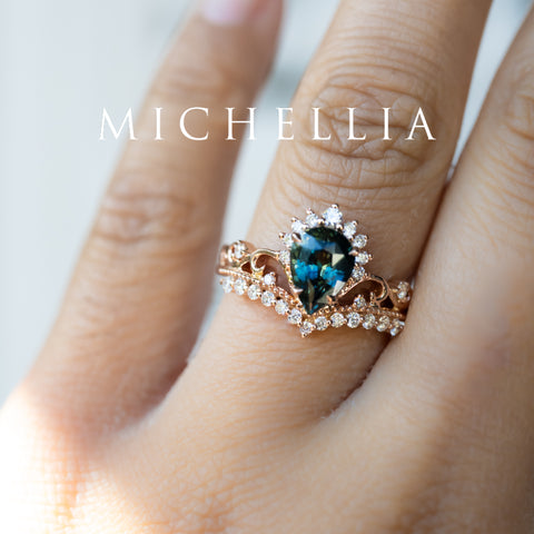 [Nerissa] Mermaid Song Natural Teal Sapphire 2-piece Engagement Ring Set, 14K Rose Gold - One of A Kind & Ready-to-Ship Women's Ring michelliafinejewelry   