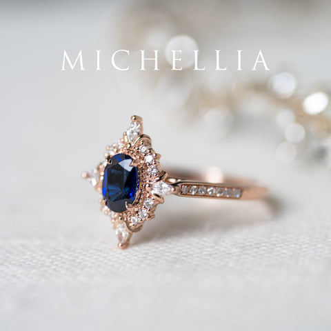 [Alessandra] Art Deco Oval Engagement Ring in Blue Sapphire Women's Ring michelliafinejewelry   