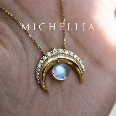 [Serena] Sailor Moon Inspired Moonstone Diamond Necklace in Solid 14K Yellow Gold - One of A Kind & Ready-to-Ship Necklace michelliafinejewelry