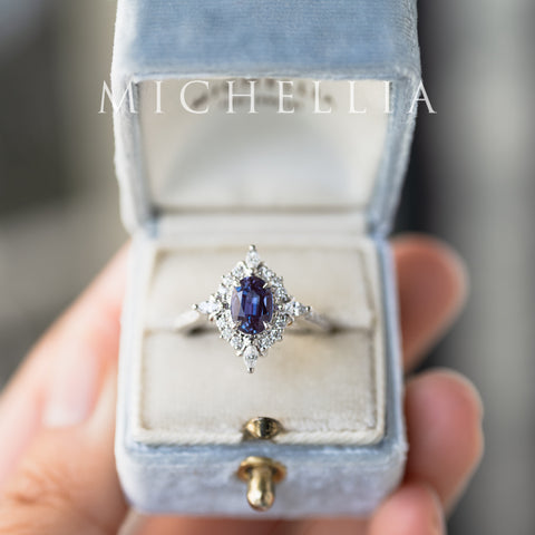 [Alessandra] Art Deco Oval Engagement Ring in Lab Alexandrite