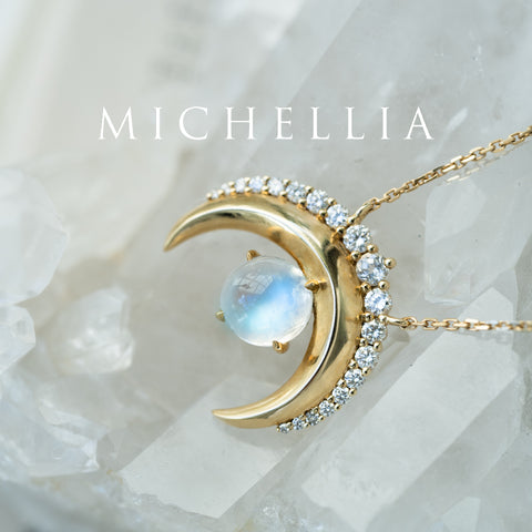 [Serena] Sailor Moon Inspired Moonstone Diamond Necklace in Solid 14K Yellow Gold - One of A Kind & Ready-to-Ship Necklace michelliafinejewelry