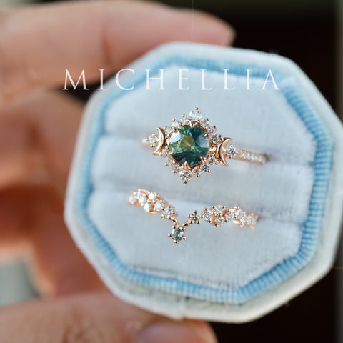 [Selene] Natural Teal Sapphire Moon Goddess Engagement Ring w/ Pave Shank, 18K Rose Gold, One of A Kind & Ready-to-Ship Women's Ring michelliafinejewelry
