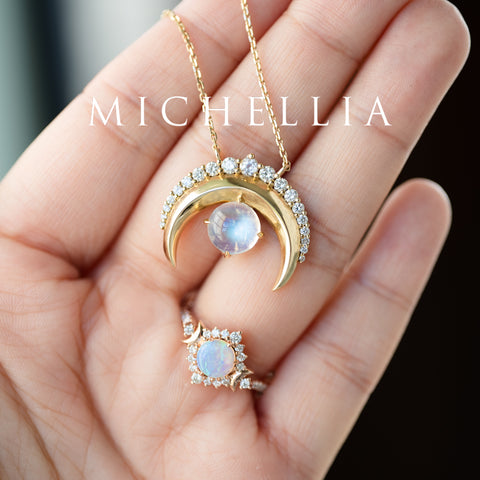 [Serena] Sailor Moon Inspired Moonstone Diamond Necklace in Solid 14K Yellow Gold - One of A Kind & Ready-to-Ship Necklace michelliafinejewelry